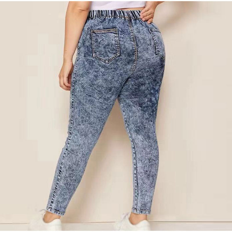 Plus Size Elastic High Waist Snow Wash Pencil Pants Casual Female Jeans 3 4 5XL Women Stretch Long Denim Pant Trousers Mom Jeans