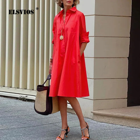 Autumn New Simple Shirt Dress Casual Solid Color Long Sleeves Fashion Turn-down Collar Elegant Pocket Streetwear Female Dresses