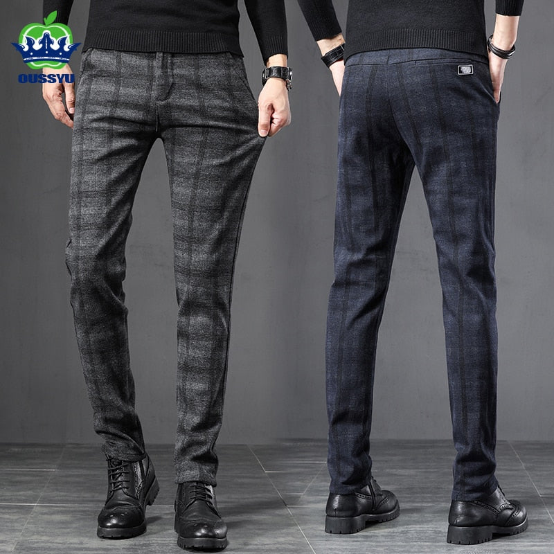 2023 New Spring England Plaid Work Stretch Pants Men Cotton Business Fashion Slim Grey Blue Casual Pant Male Brand Trouser 38