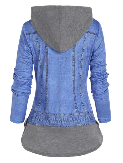 Casual Denim Jacket 3D Print O Ring Zipper Hooded Faux Twinset T Shirt Women False Two Piece Long Sleeve Tee