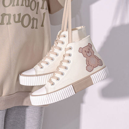 Bear Canvas Sneakers 2022 Fashion Print Woman Flats Autumn Students Daily Wear Casual Korea Style Cartoon Ladies Footwear