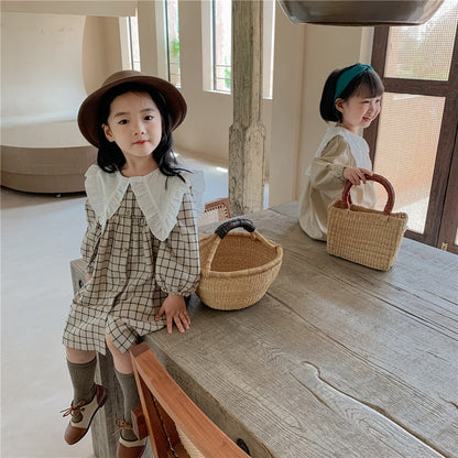 Baby Girls Dress Casual Plaid Clothes Summer 2022 New Korean Cotton Linen Girls Princess Dress Big Turn Down Collar Dress