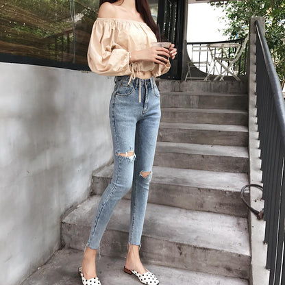 SHIJIA High Waist Elastic Skinny Jeans Woman Hole Ripped Denim Pencil Jeans Female Light Blue Vintage Bottoms Femme Chic 2023