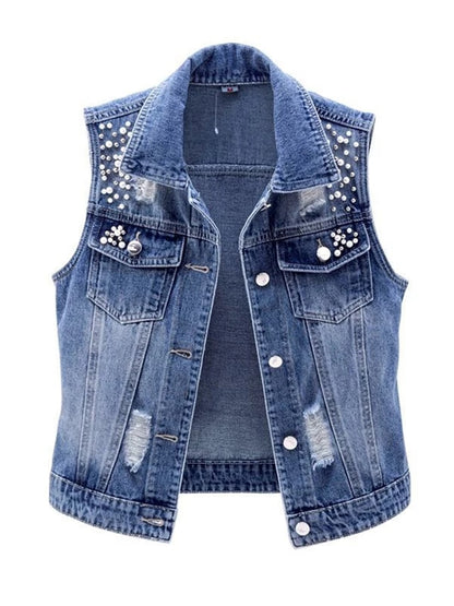 JMPRS Denim Women Vest Luxury Pearls Fashion Ripped Autumn Jeans Jacket Sleeveless Loose Short Coat Causal Waistcoats 5XL