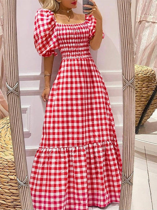 VONDA Summer Women Maxi Dress 2023 Casual Short Sleeve Square Collar Vintage Plaid Party Bohemian Vestidos Loose Long Sundress