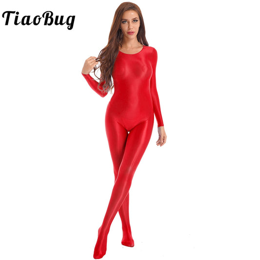 Womens Glossy Bodystocking Smooth Long Sleeve Oil Shiny Full Body Bodysuit Tights Swimsuit Fitness GYM Pole Dance Clubwear