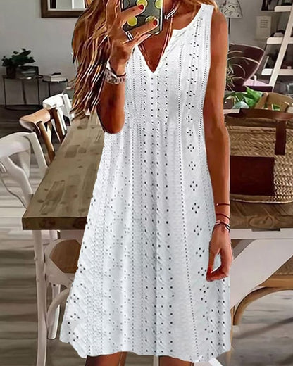 V-neck Sleeveless Solid Color White Dress Hollow Out S-5XL Loose Fit Midi Dress 2023 Summer Casual Women Clothing Vestidos