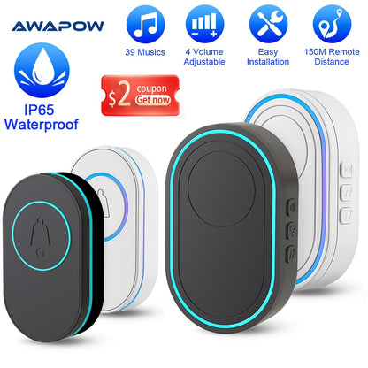 Awapow IP65 Waterproof Wireless Doorbell Smart Home Outdoor Door Bell 39 Ringtone 4 Volume Adjustable LED Flash Security Alarm