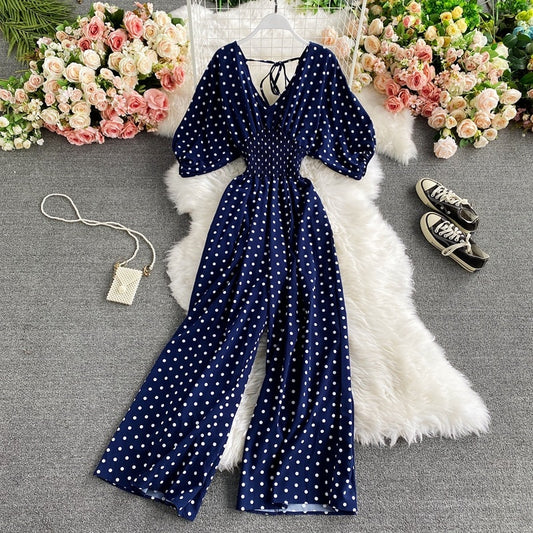 F V Neck Sexy Dolman Sleeves Waist Slim Polka Dot Print Jumpsuit Women Wide Leg Trousers Jumpsuit