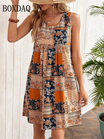 2023 Summer Dresses Women Vintage Plaid Print A-Line Dress Elegant Trend Sleeveless Casual Beach Style Tank Dress Female Vestido