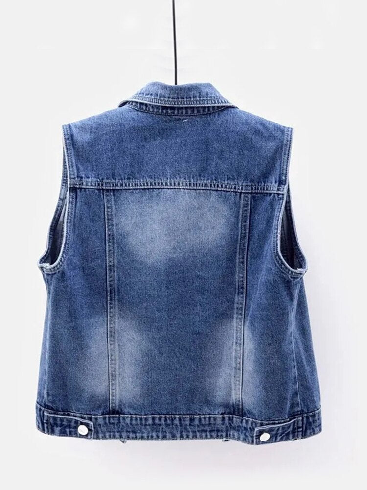 JMPRS Denim Women Vest Luxury Pearls Fashion Ripped Autumn Jeans Jacket Sleeveless Loose Short Coat Causal Waistcoats 5XL