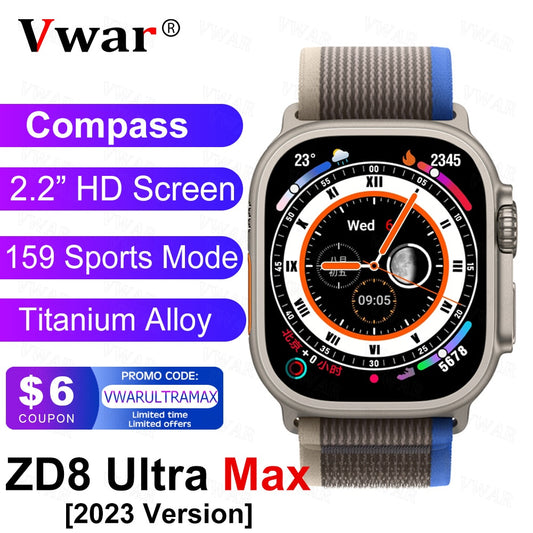 2023 VWAR ZD8 Ultra MAX Smart Watch Series 8 Compass 49mm Titanium Alloy Bluetooth Call NFC ECG IP68 Waterproof Smartwatch Men