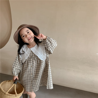 Baby Girls Dress Casual Plaid Clothes Summer 2022 New Korean Cotton Linen Girls Princess Dress Big Turn Down Collar Dress