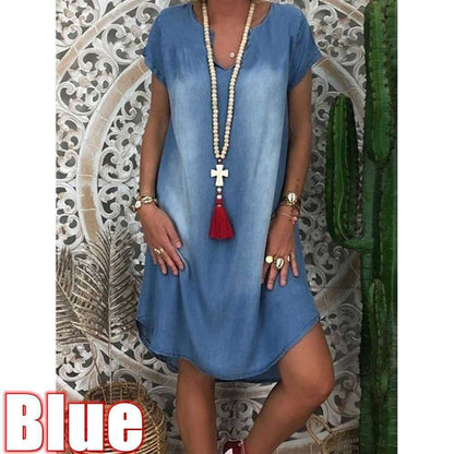 Denim Dress S-5xl Women's NEW Fashion Casual Solid Sexy V Neck Long Party Loose платье Short Sleeve Swing Summer Dress