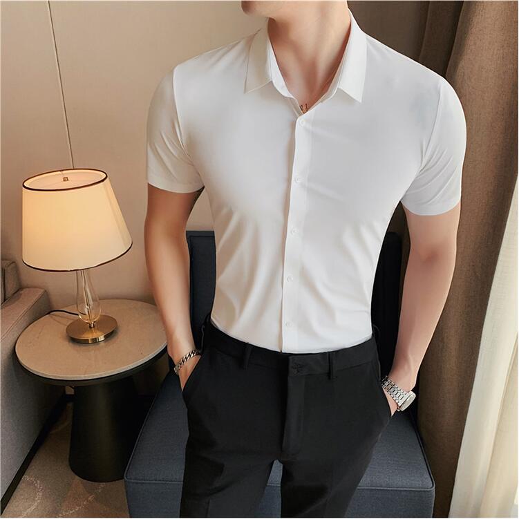 6colors High Quality New Solid High Elasticity Seamless Short Sleeve Shirts Men Slim Social Casual Business Formal Dress Shirt