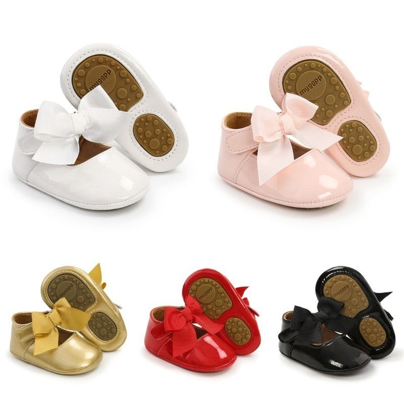 Newborn Baby Shoes Baby Boy Girl Shoes Girl Classic Bowknot Rubber Sole Anti-slip PU Dress Shoes First Walker Toddler Crib Shoes