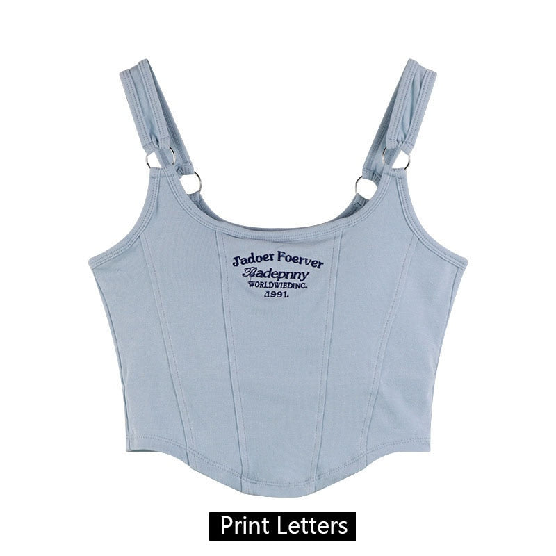 Women Sleeveless Crop Top Tank Tops Sexy Vest Letters Y2K Solid Color Short Women&#39;s T-shirt Camisole Crop Top With Bra Pad