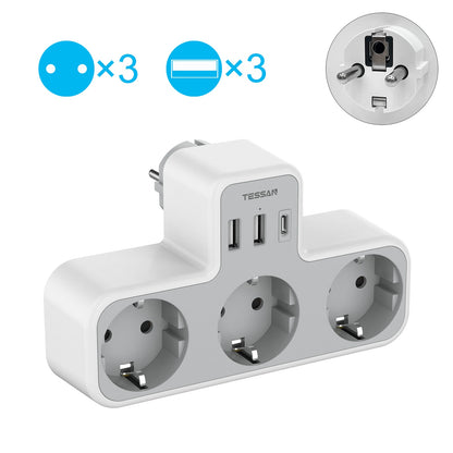 TESSAN EU Wall Socket Extender with 3 AC Outlets and 3 USB Ports 5V 2.4A Power Strip Adapter Overload Protection for Home/Office