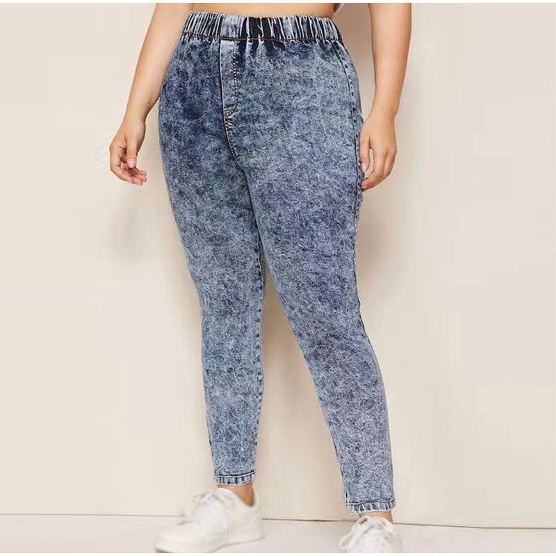 Plus Size Elastic High Waist Snow Wash Pencil Pants Casual Female Jeans 3 4 5XL Women Stretch Long Denim Pant Trousers Mom Jeans