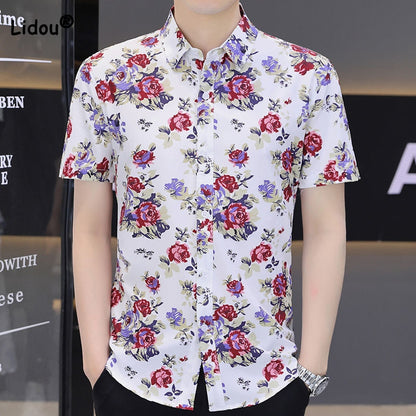 Korean Casual Trend Floral Printed Short Sleeve Shirt for Men Fashion Vintage Polo-Neck Single-breasted Shirt Male Clothes 2023