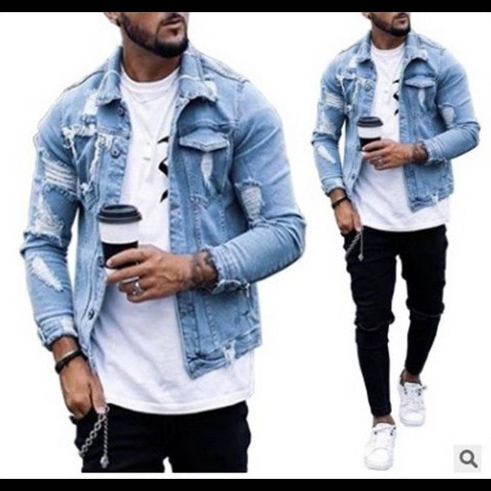 Men&#39;s Denim Jacket Ripped Irregular Wash Jacket Men&#39;s