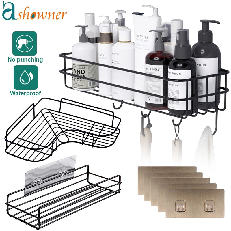 Bathroom Shelf Shampoo Storage Rack Bath Hanging Basket Iron Cosmetic Holder Punch-Free Kitchen Seasoning Organizer Accessories