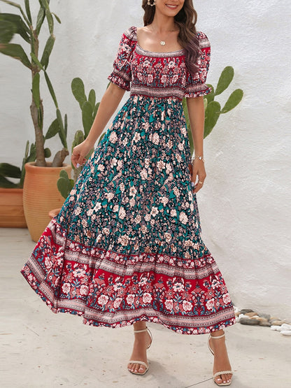 Boho Floral Print Long Dress Women Summer Beach Sundress Short Sleeve Square Neck Ruffle Pleated Dress Bohemian Casual Dresses