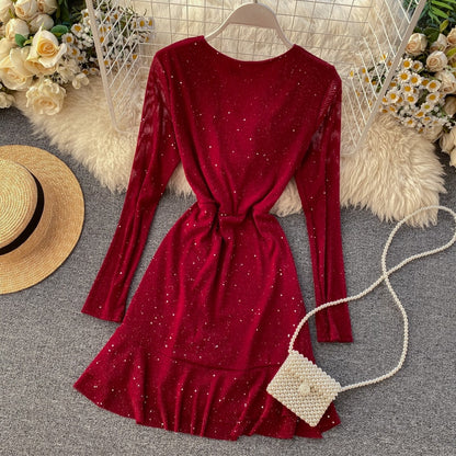 FTLZZ New Women&#39;s Dresses Spring Long Sleeve V-neck Elegant Dresses Casual Asymmetrical Ruffle Mini Dress Party Dress