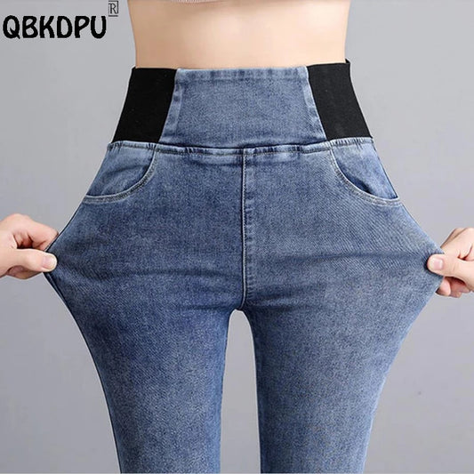 Oversize 38 Elastic High Waist Skinny Jeans Women Spring Slim Stretch Denim Pants Vintage Pencil Vaqueros Mom Pantalones Mujer