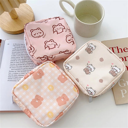 Women Girls Kawaii Cosmetic Makeup Tampon Bear Napkin Pouch Storage Bag Coin Purse Sanitary Pads Bag Mini Data Cables Organizer