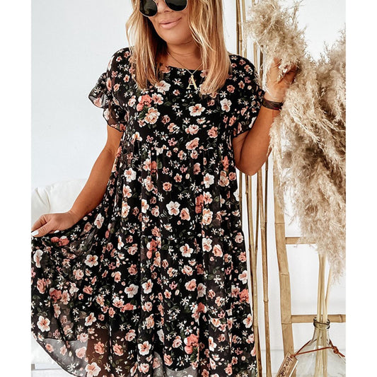 Summer Lady Ruffle Dress A Line Floral Print Sweet Dresses Women Casual O Neck Elegant Swing Short Dress 2023 New Arrival