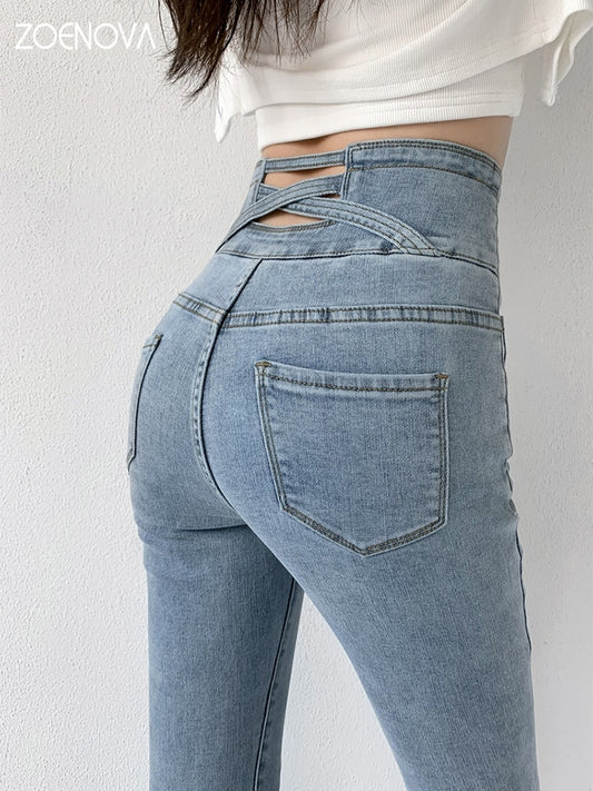 ZOENOVA  Skinny Pencil Jeans Four Buttons Vintage High Waist Women Slim Stretch Denim Pants Tight Trousers 2022 Women&#39;s Pants