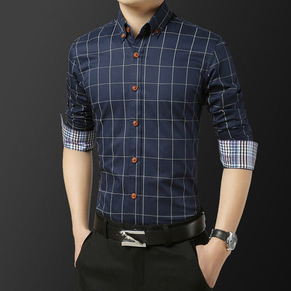 Korean-Style Shirt Men's Slim Fit Plaid Shirt Men's Long-Sleeved Shirt Business Casual Party Formal Dress For Job Interview