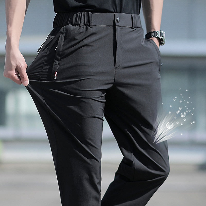 Large Size Men&#39;s Summer Pants Big Size Ice Silk Stretch Breathable Straight Leg Pants 6XL Quick Dry Elastic Band Black Trousers