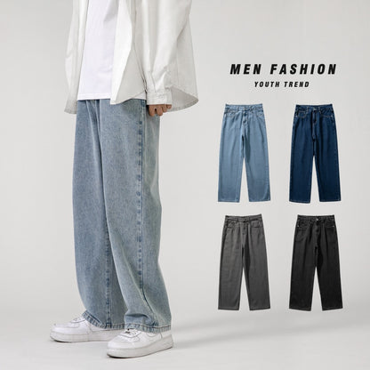 Korean Fashion Men&#39;s Baggy Jeans Classic All-match Solid Color Straight-leg Denim Wide-leg Pants Male Light Blue Grey Black