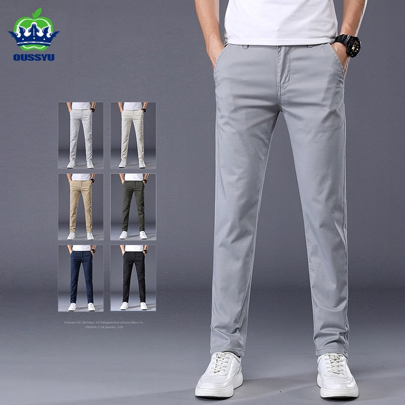 2023 New Summer Casual Pants Men 98%Cotton Solid color Business Fashion Slim Fit Stretch Gray Thin Trousers Male Brand Clothing