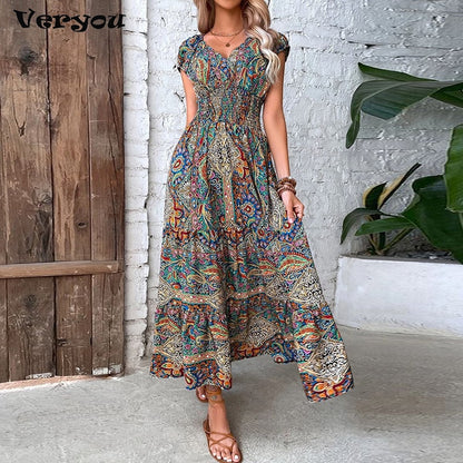 2023 Vintage Print Long Dress Women Summer V Neck Sexy Short Sleeve Elegant Elastic Waist A-line Maxi Dresses For Women