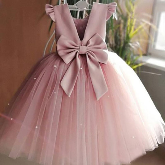 Toddler Girl Flower Birthday Tulle Dress Backless Bow Wedding Gown Kids Party Wear Princess Pink Dress Baby Girl Bowknot Dresses