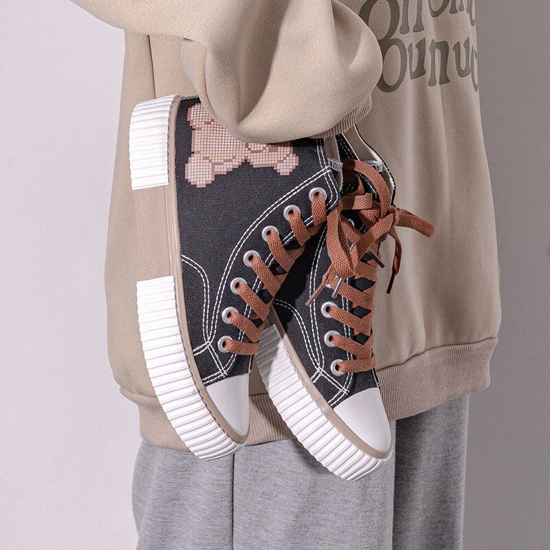 Bear Canvas Sneakers 2022 Fashion Print Woman Flats Autumn Students Daily Wear Casual Korea Style Cartoon Ladies Footwear