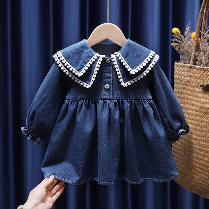 Baby Girls Dress Casual Plaid Clothes Summer 2022 New Korean Cotton Linen Girls Princess Dress Big Turn Down Collar Dress