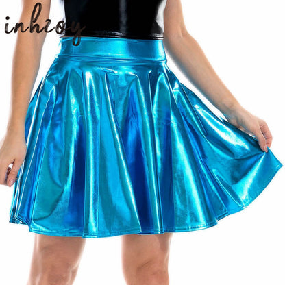 Metallic Shiny Pleated Skirts Womens High Waist Shiny Holographic Flared Rave Dance Bottoms Clubwear Mini Party Skater Skirt