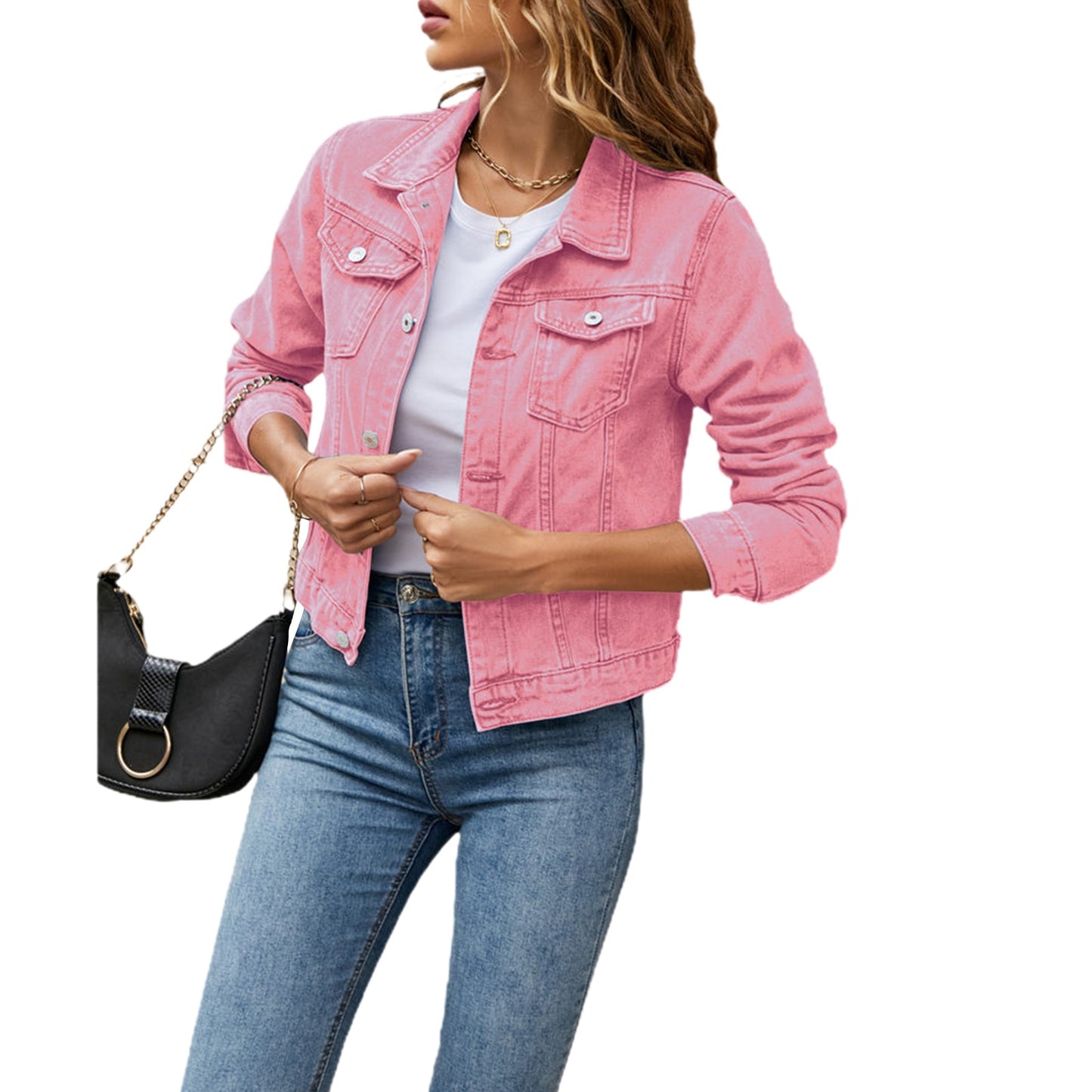 Women&#39;s Denim Jackets Fashion Female Casual Long Sleeve Lapel Solid Button Down Chest Pocket Slim Jean Jacket Fall Winter Coat