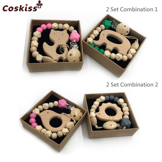 2pc Baby Teether Organic Wooden Animal Teether Natural Teething Grasping Toy Silicone Bead Toddler Teether Newborn DIY Baby Gift