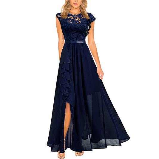 Women&#39;s Elegant Floral Lace Patchwork Chiffon Formal Dress RufflesSplit Bridesmaid Party Maxi Dress