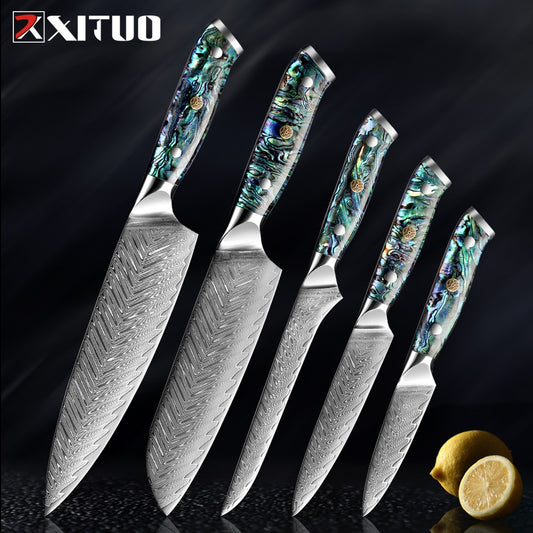 XITUO 1-5 PCS Damascus Steel knife Set Kitchen Cooking Tools Chef Knife Japanese Santoku Boning knife Exquisite Shell Handle