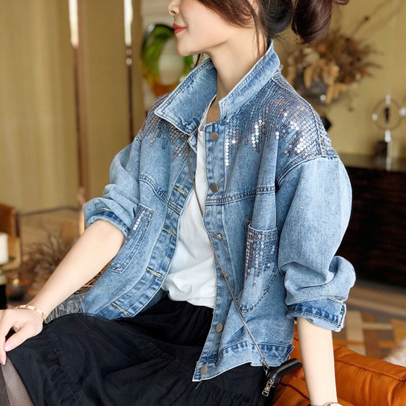 Blue Short Sequin Pocket Denim Jacket Women's Casual Denim Spring Autumn New Loose Fashion Jeans Jacket Women Long Sleeve Coat