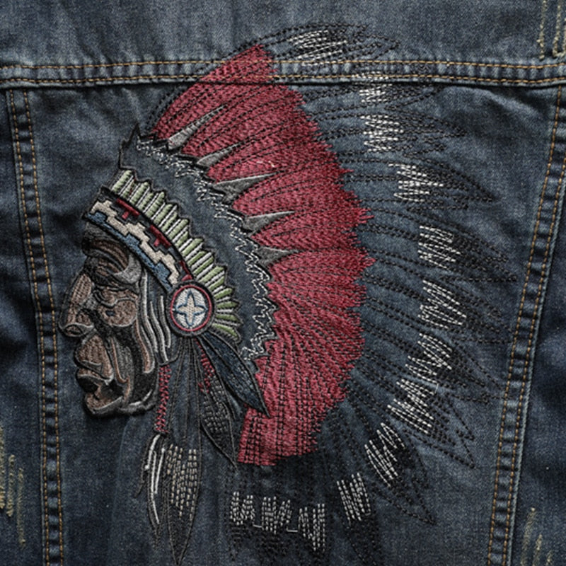 Prowow 2021 Fashion Streetwear Men Jacket Retro Blue Indian Chief Embroidery Denim Jackets Men Size M-6XL Hip Hop Punk Coats