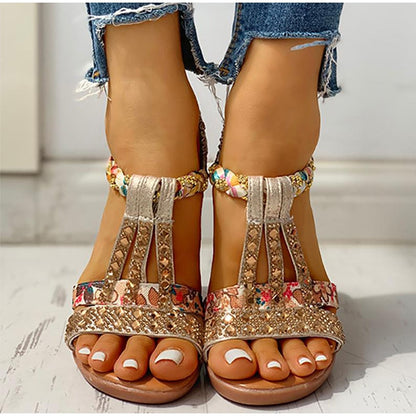 Women Sandals Summer Bohemia Platform Wedges Shoes Crystal Gladiator Rome Woman Beach Shoes Casual Elastic Band Female Sandles