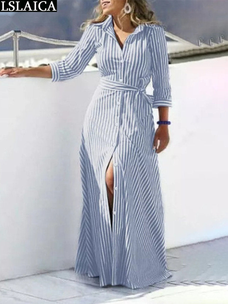 Shirt Women&#39;s Dress Boho Elegant Party Dresses 2023 Long Evening Gown Lace Up Simple Summer Striped Gowns Ladies Chic New Trendy