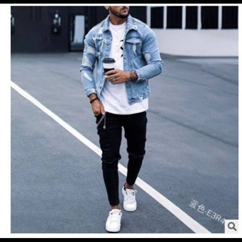 Men&#39;s Denim Jacket Ripped Irregular Wash Jacket Men&#39;s